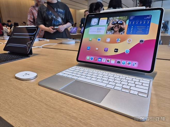 서울 강남구 애플스토어 강남점에 진열된 애플 아이패드 13인치(오른쪽). 왼쪽은 아이패드 11인치. 김현일 기자