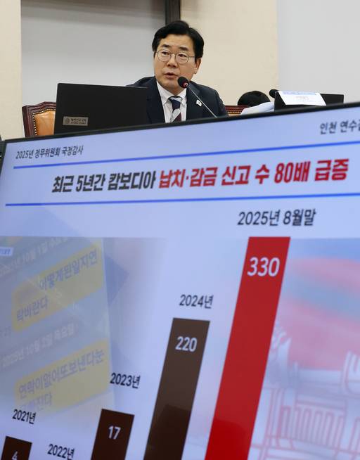 박찬대 더불어민주당 의원이 13일 서울 여의도 국회에서 열린 정무위원회 국정감사에서 윤창렬 국무조정실장에게 캄보디아 납치-감금 사건 관련 질의하고 있다. 뉴시스