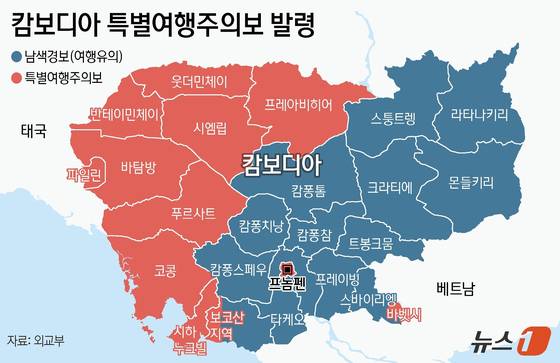 외교부는 지난 10일 오후 9시부터 기존 2단계 '여행자제' 발령 지역인 수도 프놈펜에 대한 여행경보를 2.5단계인 '특별여행주의보'로 상향 조정했다. 웃더민체이 주, 프레아비히어 주, 반테이민체이 주, 파일린 주, 바탐방 주, 푸르사트 주, 코콩 주, 시하누크빌 주, 캄폿주 보코산 지역, 바벳 시, 프놈펜 시 등은 기존에 발령된 특별여행주의보가 그대로 유지된다. 특별여행주의보 발령 지역을 제외한 지역은 '여행유의'인 여행경보 1단계가 이어진다. 뉴스1