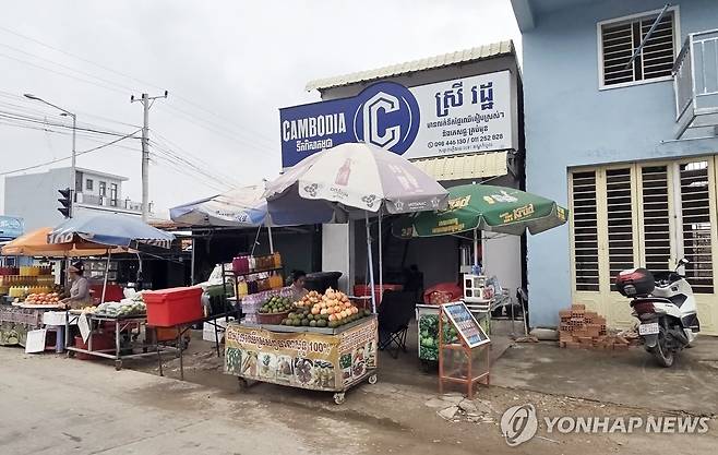 캄보디아 노점상 (프놈펜=연합뉴스) 손현규 특파원 = 14일(현지시간) 오후 캄보디아 수도 프놈펜 인근 노점상에서 상인이 과일을 팔고 있다. 2025.10.14 son@yna.co.kr