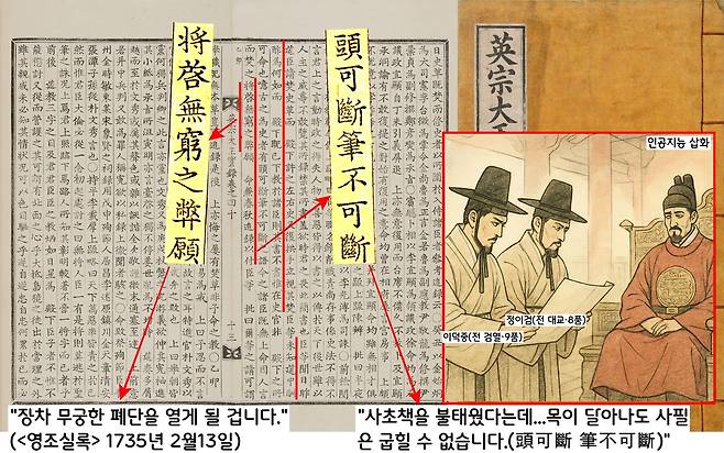 왕명으로 사초가 소각되었다는 사실이 알려지자 전직 사관인 이덕중·정이검은 달려와 “목이 달아나도 사필은 굳일 수 없는 것”이라면서 “장차 무궁한 폐단을 열게 될 것”이라고 비판했다. 영조는 쩔쩔매며 “내가 명한 것이 아니다”라고 변명했다.