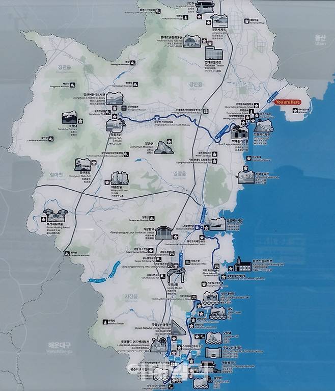 빨간색으로 표시된 고리 원전 인근의 월내역부터 5~20km 안팎에 사람들이 많이 찾는 기장군청, 기장시장을 비롯한 각종 문화재가 곳곳에 위치해 있다. (사진=최훈길 기자)