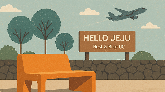 실제 UHPC 벤치를 모티프로 한 일러스트 이미지. 감귤빛 쉼터가 전하는 제주의 온기와 여유를 상징적으로 표현했다.