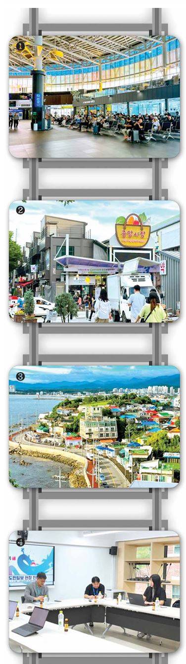 ▲ 1 강릉역에서 시민과 관광객들이 기차를 기다리고 있다. 2 강릉 중앙시장에 관광객들이 이동하고 있다. 3 강릉 주문진 일대의 모습. 4 강원관광재단 강성구 본부장과 7월 21일 인터뷰를 가졌다. 공동취재단