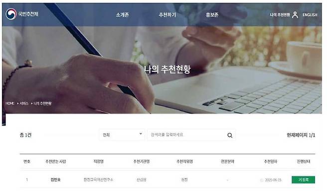 김인호 산림청장이 국민추천제에 직접 등록한 추천 현황 모습. /국민의힘 정희용 의원실 제공