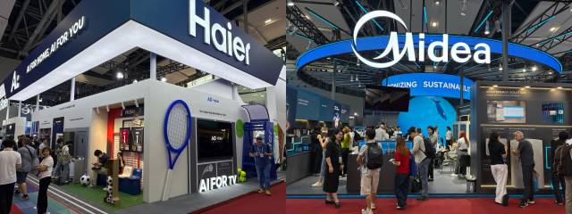 15일 중국 광둥성 광저우에서 열린 캔톤페어에서 하이얼·마이디어 등의 스마트홈 기업이 브랜드의 특색을 내세운 디자인 설계로 부스를 운영하고 있다. 사진=김예솔 기자