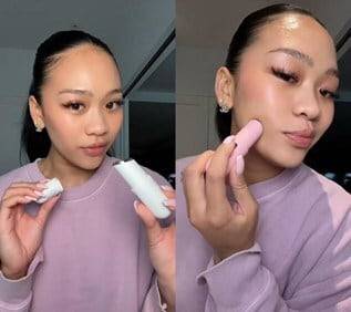 미국의 체조 금메달리스트 수니사 리(Sunisa Lee)가 프라엘의 '수퍼폼 갈바닉 부스터' 뷰티 디바이스 제품을 사용하는 모습. /LG생활건강 제공