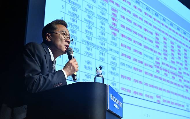 임성호 종로학원 대표가‘산업계 변화와 인기학과의 이동, 향후 추세적 변화’를 주제로 강연을 하고 있다. 임세준 기자