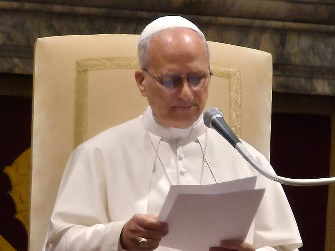 13일 '창조, 자연, 환경, 평화로운 세상을 위하여'를 주제로 열린 교황청 신학학술원 국제세미나의 참석자에게 강론하는 레오14세 교황. /푸른나무재단 제공