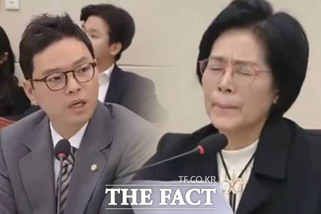 더불어민주당 소속 최민희 국회 과학기술정보방송통신위원회(과방위) 위원장이 21일 박정훈 국민의힘 의원이 제기한 자녀 결혼식 관련 논란에 눈물을 보였다. /국회방송 유튜브 캡처
