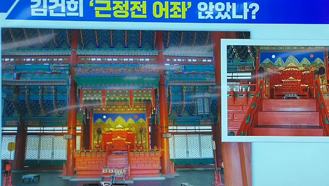 국정감사 현장에 제시된 ‘근정전 어좌 착석 의혹’ 관련 사진. (이기헌 의원 제공)