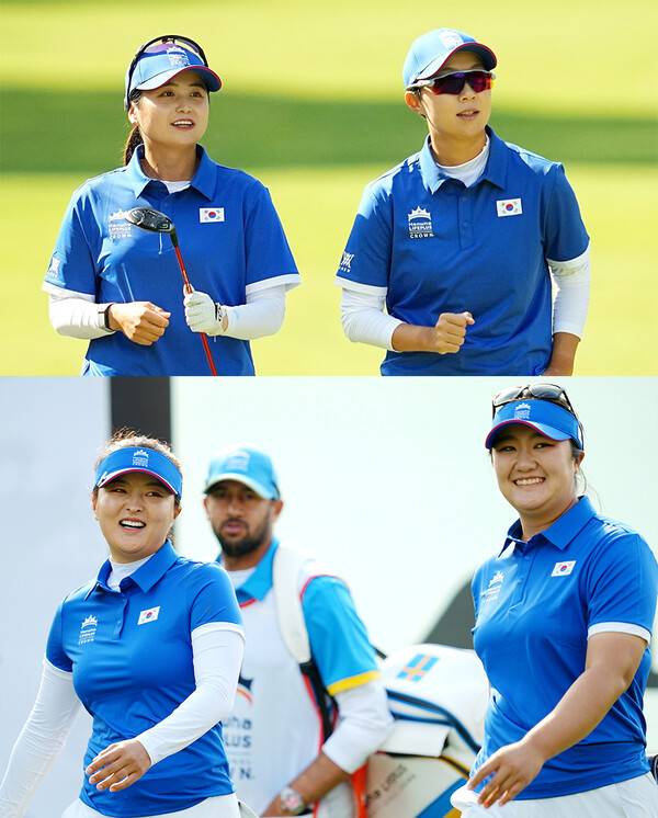 미국여자프로골프(LPGA) 투어 '국가 대항전' 2025 한화 라이프플러스 인터내셔널 크라운에 최혜진-김효주, 고진영-유해란 프로가 1라운드에서 경기하는 모습이다. 사진제공=LPGA (사진을 무단으로 사용하지 마십시오.)