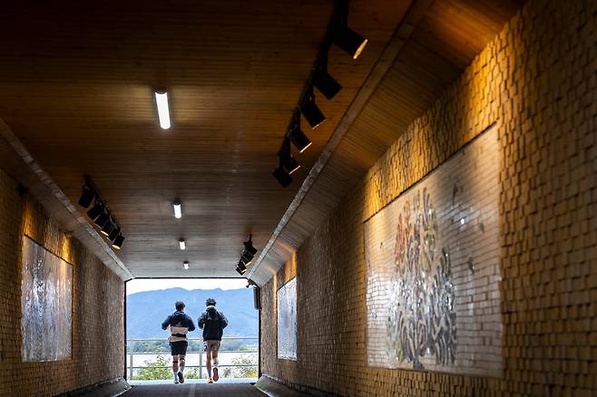 춘마 40km 부근인 의암호 순환 도로를 달리다가 지루하면 '전망루프' 건물 아래쪽으로 난 스카이워크 출입로(토끼굴)를 통해 수변 길로 내달릴 수 있다. / 이신영 영상미디어 기자