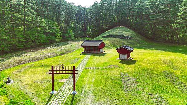 울창한 숲길 속, 고요히 자리한 준경묘 입구 풍경.
