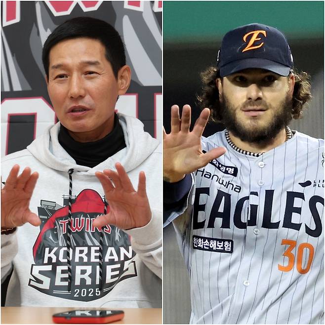 LG 염경엽(왼쪽) 감독과 한화 폰세. 사진=IS 포토·LG 제공