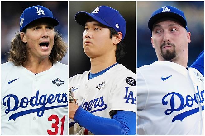 왼쪽부터 LA 다저스 타일러 글래스노우, 오타니 쇼헤이, 블레이크 스넬. AP연합뉴스