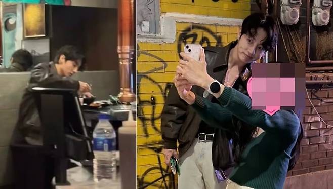 정국이 고깃집에서 혼밥하고 길에서 만난 팬과 사진을 찍고 있는 모습./ 엑스 '@archivekukk'