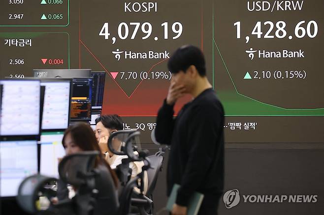 코스피, 하락 출발해 4,070대 (서울=연합뉴스) 진연수 기자 = 31일 오전 서울 중구 하나은행 본점 딜링룸에서 직원들이 업무를 보고 있다.
이날 코스피 지수는 전장보다 3.64포인트(0.09%) 내린 4,083.25에, 코스닥은 3.68포인트(0.41%) 오른 894.54에 출발했다. 2025.10.31 jin90@yna.co.kr