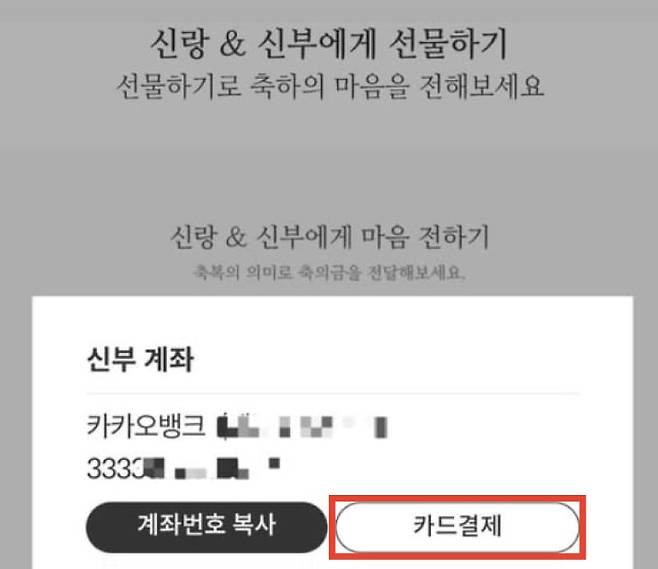 최민희 과방위원장 딸의 모바일 청첩장에 딸 정모씨 명의의 계좌번호와 '카드결제' 기능이 보인다. 논란이 일자 카드결제 기능은 빠졌다. /휴대폰 캡처