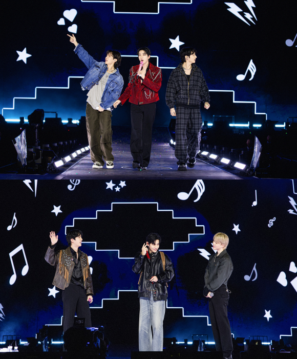 진(위쪽 사진 가운데)은 "아미들의 목소리가 이 공연을 완성했다. 마지막까지 저는 여러분만 믿고 간다. 아미들을 보면서 끝까지 최선을 다해 노래하겠다"고 전했다. /빅히트 뮤직