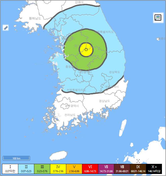 지진 예상 진도 분포도(2025년 2월 7일 충주 규모 3.1 지진) 기상청 제공