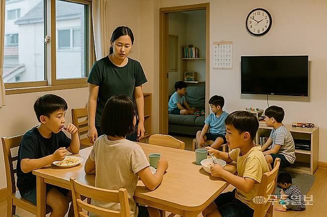 광주지역 그룹홈에서 특수 돌봄 아동이 늘어나면서 돌봄 공백이 심화되고 있다.야간에는 한 명의 종사자가 최대 7명의 아동을 돌보는 현실 속에 공공 주도의 돌봄체계 구축이 요구되고 있다. 사진은 AI 생성 이미지