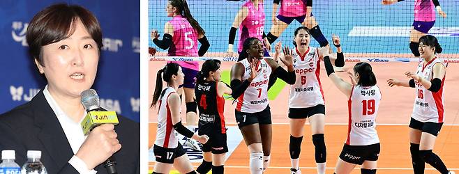 페퍼저축은행 선수들이 2일 흥국생명과의 2025∼2026 프로배구 V리그 여자부 방문경기에서 득점 후 환호하고 있다. 장소연 감독(작은 사진)이 이끄는 페퍼저축은행은 이날 흥국생명을 3-0으로 꺾고 창단 후 처음으로 V리그 순위표 가장 높은 곳에 이름을 올렸다. 페퍼저축은행 제공