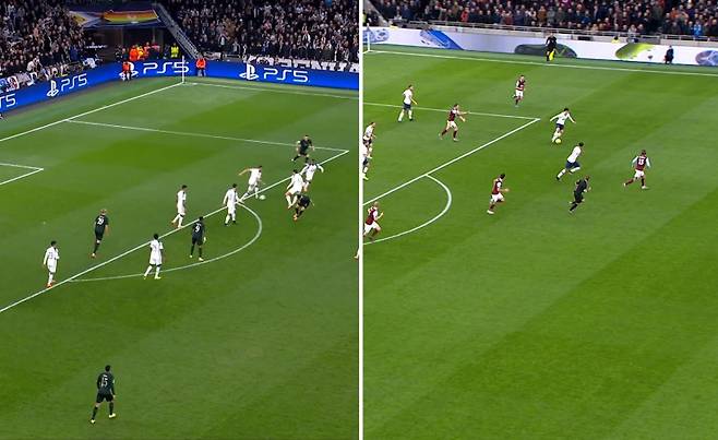 5일 토트넘 SNS에 게시된 수비수 판 더 펜의 UCL 코펜하겐전 단독 돌파 시작 순간(왼쪽). 오른쪽은 지난 2019년 손흥민의 번리전 단독 돌파 시작 순간. 구단은 "같은 사진"이라며 두 선수의 득점 장면을 비교했다. 사진=토트넘 SNS