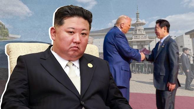 APEC을 계기로 경주에서 정상회담을 가진 도널드 트럼프 미국 대통령과 이재명 한국 대통령이 악수하고 모습과 김정은 북한 국무위원장의 모습이 담긴 합성 사진