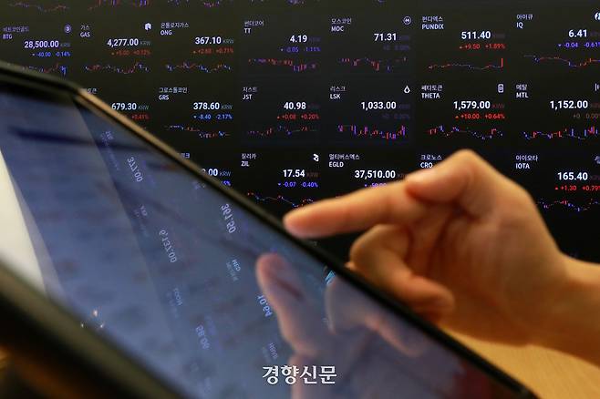 서울 시내 한 가상자산 거래소 전광판에 가격정보가 표시돼 있다. 경향신문DB