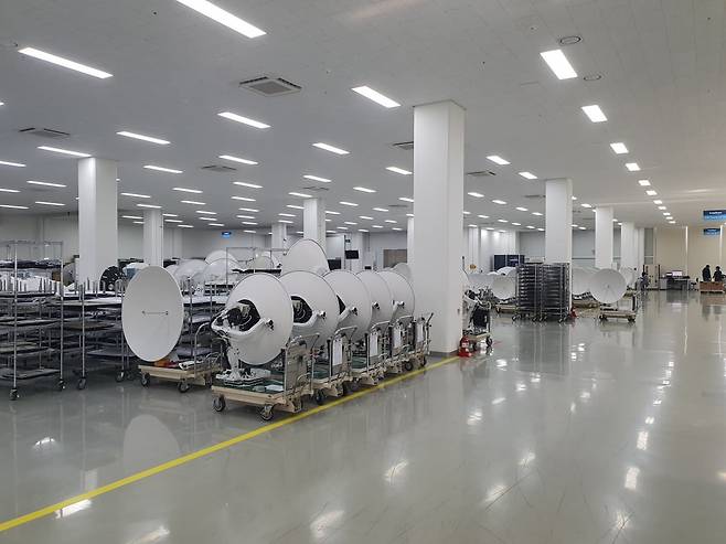 인텔리안테크 2공장 3층엔 해상용 안테나 시설이 즐비하다. 이 제품들은 95% 이상 미국, 유럽으로 수출된다. 평택=윤현주 기자