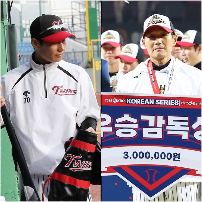 왼쪽 사진은 2011년 LG 코치 시절 모습. 오른쪽은 2025년 한국시리즈 우승 후 '우승 감독상'을 받은 염경엽 감독. IS 포토·구단 제공