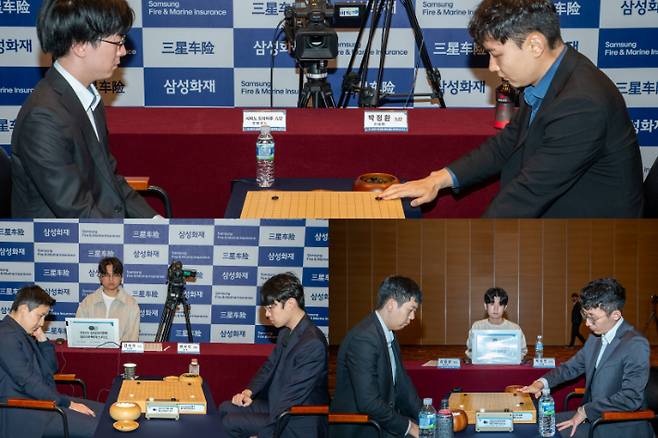 삼성화재배 16강전의 일본 시바노 도라마루 9단 vs 박정환 9단(위 사진의 오른쪽), 김지석 9단(아래 왼쪽 사진의 맨 왼쪽) vs 중국 롄샤오 9단, 강동윤 9단(아래 오른쪽 사진의 왼쪽) vs 박상진 9단. 한국기원 제공