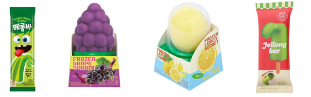 국내 편의점과 무인 아이스크림 가게 등에서 판매 중인 중국산 아이스크림. 왼쪽부터 메롱바, 프로즌 소르베 포도맛·레몬맛, 젤롱바.