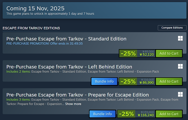 ▲ Steam에서 구매 가능한 타르코프 에디션