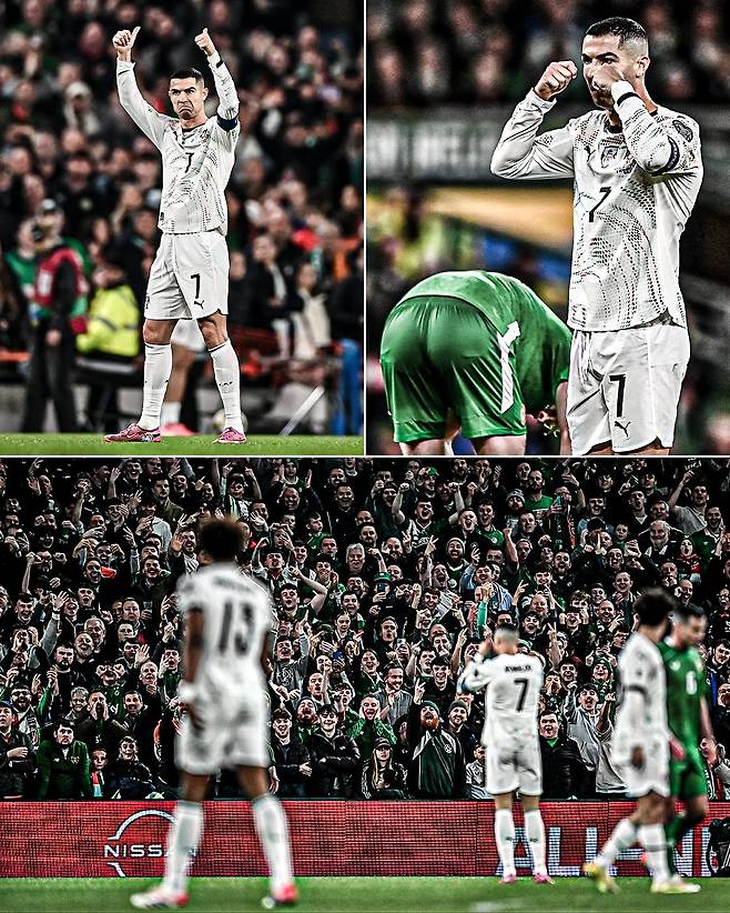 포르투갈 대표팀 크리스티아누 호날두가 14일(한국시간) 아일랜드 더블린의 아비바 스타디움에서 열린 2026 국제축구연맹(FIFA) 북중미 월드컵 유럽 예선 F조 5차전 아일랜드전에서 아일랜드 관중들을 도발하고 있다. /사진=ESPN SNS 캡처