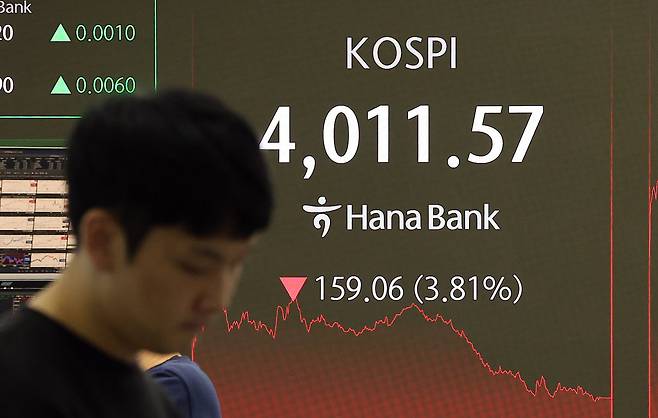 11월 14일 코스피가 4011.57로 하락 마감했다. 이날 오후 서울 중구 하나은행 본점 딜링룸 전광판에 종가가 표시되고 있다. 뉴스1