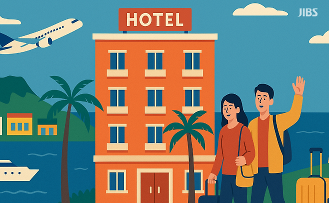 제주 호텔을 배경으로 한 관광객 모습. 관광지의 활기와 여행 소비층의 증가를 상징적으로 표현한 이미지.