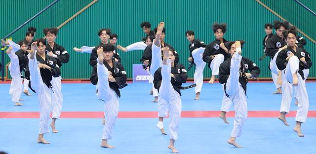 제21회 무주 웰빙 태권도 축제 태권체조 경기가 열리고 있다. 조현욱 기자