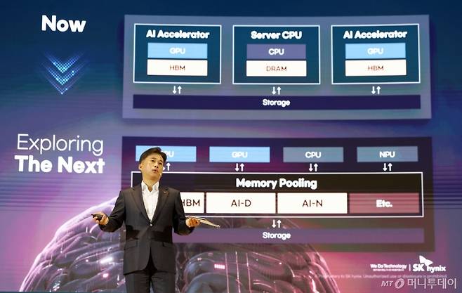 곽노정 SK하이닉스 대표이사 사장이 지난 3일 서울 강남구 코엑스에서 열린 'SK AI SUMMIT 2025'에서 AI시대, SK하이닉스가 그리는 새로운 비전과 기술을 주제로 기조연설하고 있다. /사진=뉴시스