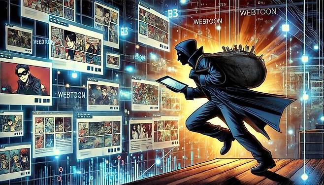 웹툰을 퍼나르는 도둑 삽화 이미지. 출처:챗GPT 제작
