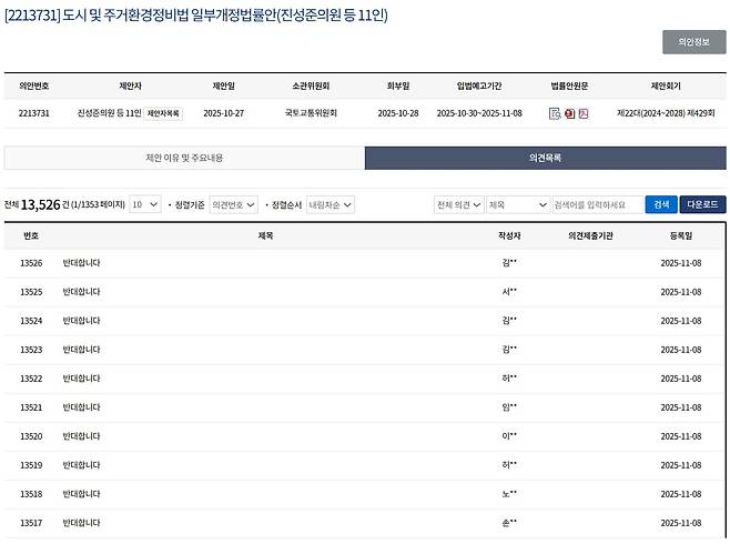 진성준 더불어민주당 의원이 대표 발의한 '도시 및 주거환경정비법 일부개정법률안' 입법 예고 의견 목록. /국회 홈페이지 캡처