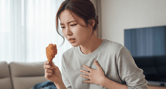 타는 듯한 가슴 통증... 약보다 '식탁' 점검이 우선… 자극적인 음식 피해야|출처: Gemini 생성