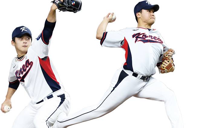 11월15~16일 일본 도쿄돔에서 열린 한국과 일본의 두 차례 평가전에서 한국의 젊은 투수들이 21개의 볼넷을 남발하는 가운데서도, 가능성을 보여준 박영현(왼쪽)과 정우주 ⓒ 연합뉴스