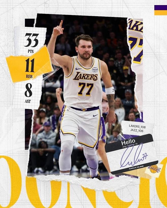 24일(한국시간) 미국 유타주 솔트레이크시티의 델타 센터에서 열린 2025~26 미국프로농구(NBA) 정규시즌 서부 콘퍼런스 유타 재즈와의 원정 경기에서 33점 11리바운드 8도움을 기록한 LA 레이커스 루카 돈치치. 레이커스 소셜미디어