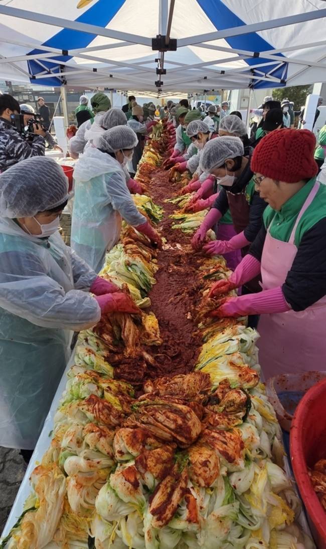 ▲ 26일 영천시새마을부녀회가 주관한 '2025년 사랑의 김장 나누기 행사'에서 부녀회원들이 배추에 양념을 버무리고 있다. 권오석 기자