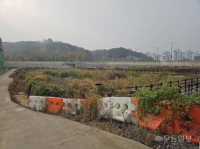 지난해 12월 준공된 광주 남구 진월동 수변공원이 한전 송전탑 공사로 인해 마무리 작업을 하지 못한채 1년 가까이 개장하지 못하고 있는 가운데 산책로에 잡초가 무성하게 자라있다. 강주비 기자