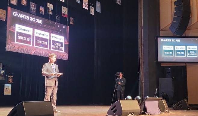 김상회 경기아트센터 사장이 공연예술 플랫폼 'G-ARTS'를 선포하며, 핵심 기조인 커넥트·큐레이션·서큘레이트에 대한 설명을 하고 있다. ⓒ 유진상
