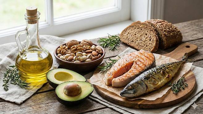 단일불포화지방이 풍부한 식사는 LDL 수치 감소 및 HDL 수치 상승에 도움이 된다|출처: Gemini 생성