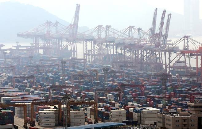 지난 1일 부산항 신선대부두에 컨테이너가 가득 쌓여 있는 모습 ⓒ연합뉴스